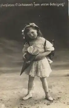Schulanfang, Mädchen, Schultasche, Tüte, o 1917, Serienkarte Nr. 4124