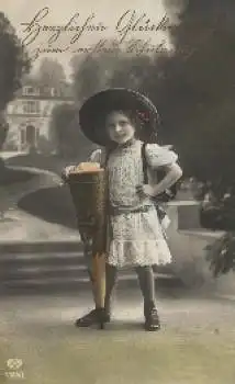 Schulanfang, Mädchen, Schultasche, Tüte, gebr. 1917, Serienkarte Nr. 1155 1