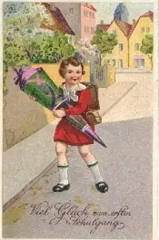 Schulanfang, Mädchen, Schultasche, Tüte, gebr. ca. 1920 Serienkarte Amag Nr. 3167