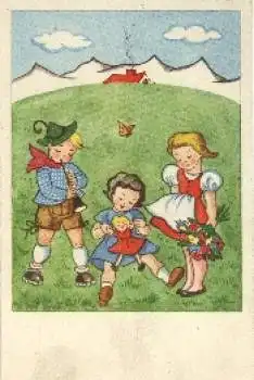 Spielende Kinder Junge mit Flöte Schmetterling * ca. 1940