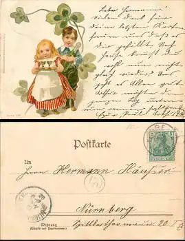 Jugendstil Kinder mit Wein Kleeblatt o 18.8.1902