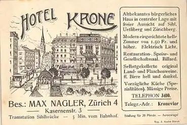 Zürich Hotel Krone Werbekarte  *ca. 1910