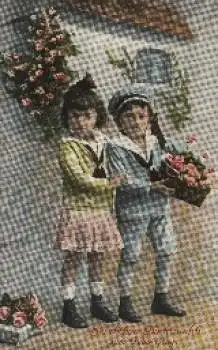 Geburtstagswünsche  Künstlerkarte, Mädchen, Junge, Blumen, gebr um 1920