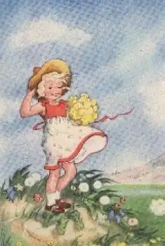 Mädchen mit Blumen Künstlerkarte * ca. 1950