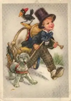 Junge, Hund, Vogel, Instrument Trommel Trompete  Künstlerkarte o ca. 1950,