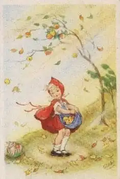 Mädchen Äpfel Elefant Künstlerkarte * ca. 1950?