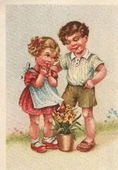 Kinder mit Blumentopf Amag 3584 Künstlerkarte * ca. 1940