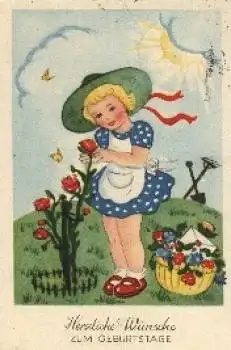 Kinder, Künstlerkarte, Mädchen, Blumen, Brief, Schmetterlinge o 1940