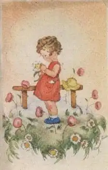Mädchen mit Blumen Künstlerkarte gebr. ca. 1945