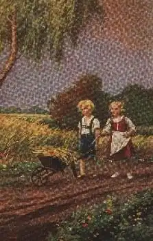 Kinder bei der Feldarbeiten, Künstlerkarte A. Hansa  * ca. 1920