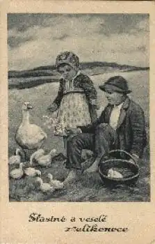 Mädchen und Junge Gänse Künstlerkarte * ca. 1930