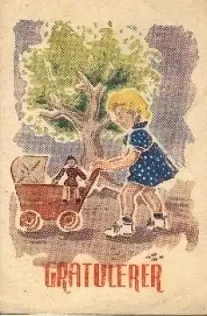 Mädchen mit Puppenwagen Künstlerkarte o 1963