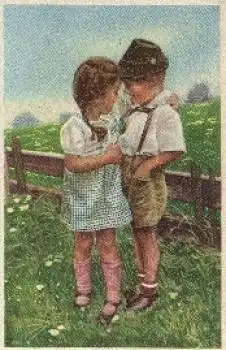 Mädchen und Junge Umarmung Künstlerkarte * ca. 1940