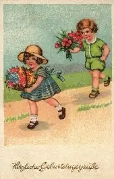 Kinder Junge Mädchen Blumen Geburtstagswünsche o ca. 1940