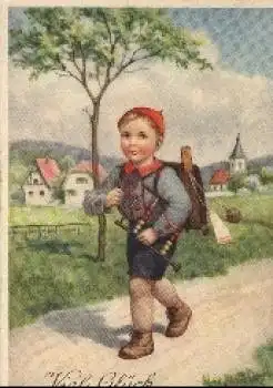 Schulanfang, Künstlerkarte, Junge, Schultasche, Rechenschieber gebr. ca. 1920