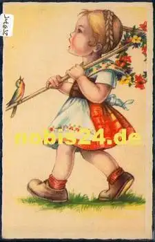 Mädchen mit Vogel Künstlerkarte *ca. 1930