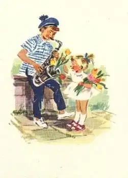 Mädchen mit Saxophon Tulpen Künstlerkarte *ca. 1950