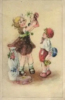 Mädchen und Junge Puppe Geschenke Künstlerkarte o 30.9.1949