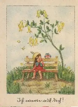 Fischer Künstlerkarte Mädchen Vogel Blume * ca. 1950