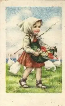 Mädchen mit Blumen Gänse Künstlerkarte o ca. 1940