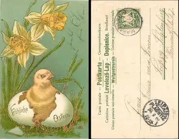 Ostern Goldschnitt Prägelitho Kücken o 30.3.02