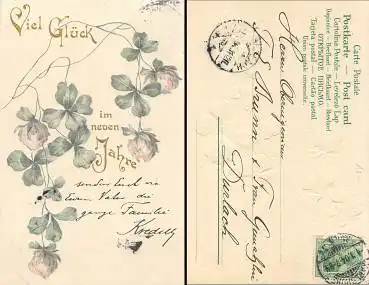 Neujahr Kleeblatt Goldschnitt Prägekarte o 1.1.04