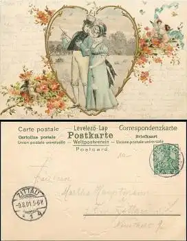 Liebespaar Herz Goldschnitt Prägekarte o 9.8.1901