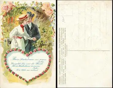 Liebespaar Prägekarte mit Herz aus Rosen *ca.1910