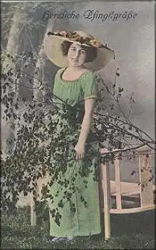 Frau mit Birkenzweig Pfingstgrüße o 10.6.1916