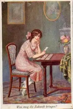 Frau mit Kartenspiel Wahrsagerin Künstlerkarte F. Maskeline o 3.7.1922
