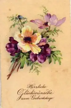 Blumen violetter Strauss Geburtstagskarte gebr. ca. 1920