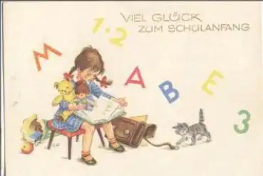 Schule Kind mit Fibel  Katze Teddy Kuenstlerkarte EP gebr. 2.9.1962
