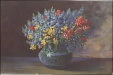 Vase mit Frühlingsblumen Künstlerkarte P.  Koch, gebr. 27.10.1922