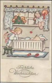 Kinder Engel Wiege Schlafen Weihnachtsgrüsse * ca. 1920