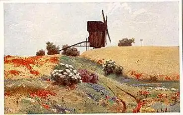 Primus Künstlekarte "bluehende Wiesen mit Windmühle" *ca. 1910