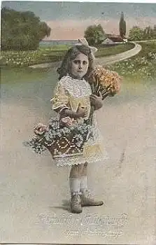Kind Blumenstrauß und Korb Silberprägekarte Serie 3979, gebr. ca. 1910
