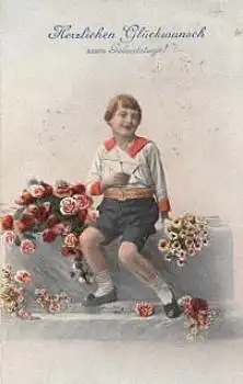 Junge mit Brief und Blumen Geburtstagskarte o 25.6.1926