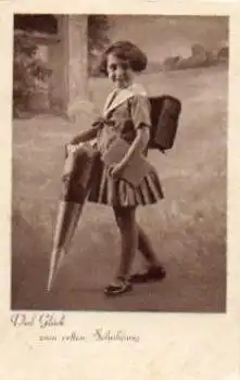 Mädchen mit Schulranzen, Schultüte, Schulanfang, gebr. ca. 1930