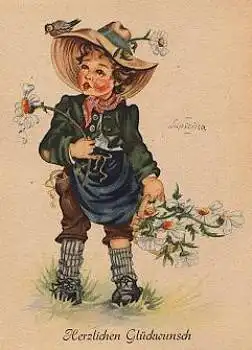Kind mit Vogel und Blumen Künstlerkarte Lupicina * ca. 1960