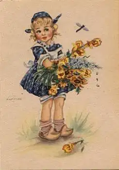 Kind mit Libelle und Blumen Insekt Künstlerkarte Lupicina * ca. 1960