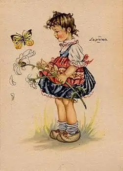 Kind mit Schmetterling und Blumen Insekt Künstlerkarte Lupicina * ca. 1960