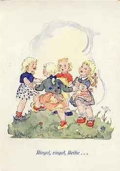 Kinder beim Tanzen "Ringel Ringel Reihe" Künstlerkarte Rincke * ca. 1960