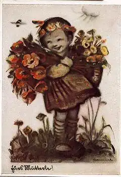 Mädchen mit Blumen Künstlerkarte B. Hummel Serie Nr. 5234 * ca. 1950