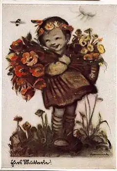 Mädchen mit Blumen Künstlerkarte Berta Hummel Serie Nr. 5234 * ca. 1950