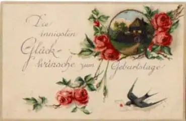 Rosen, Schwalbe, Geburtstagskarte, o 27.12.1920