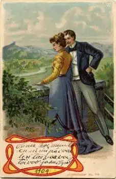 Liebespaar auf Terrasse Liebeslieder gebr. ca. 1904