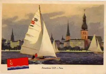 355256 Lettland, Totalansicht Stadt, Segelboot, Werbung Lettischen SSR, k. AK., * ca. 1970