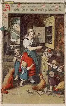 Hühner Fütterung Künstlerkarte Ludwig Richter  o 11.1.1922