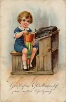 Schulanfang, Kind mit Schultüte in Bank, gebr. ca. 1910