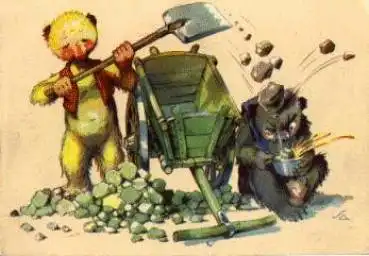 Teddy Schubkarre Humor Künstlerkarte SA * ca. 1940